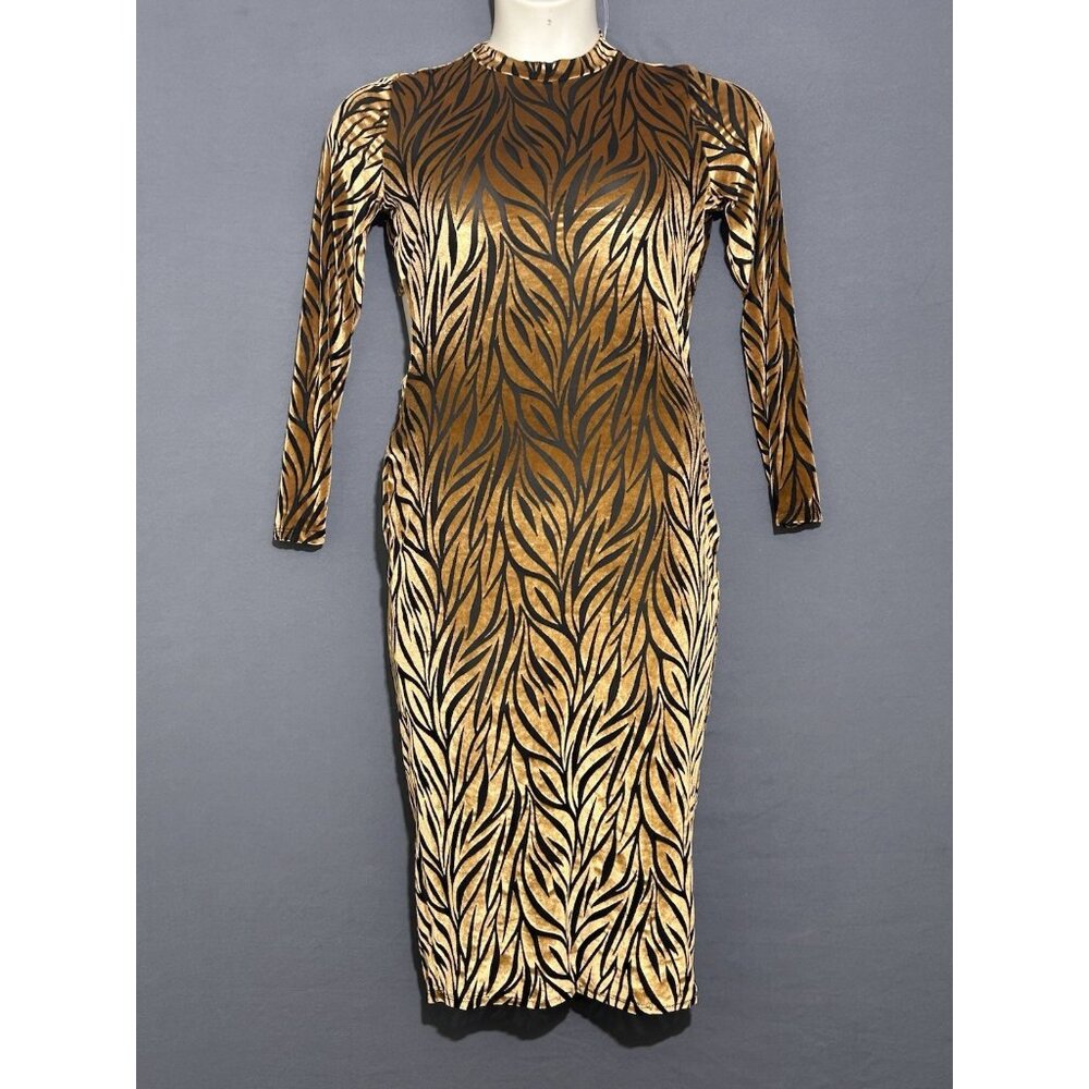 Vtg Velvet Burn Out Dress Sz Large Brown/Black Semi Sheer Cut Out Back Mob Wife